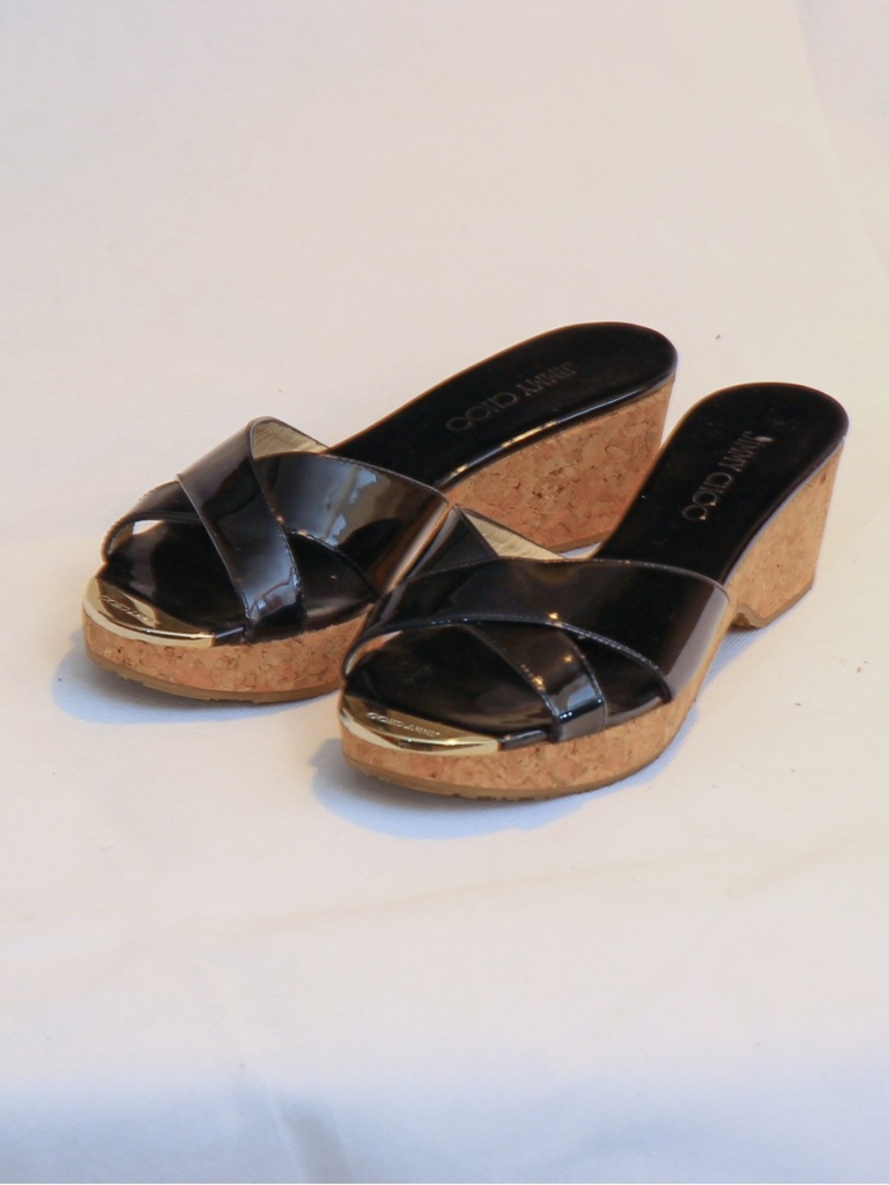 Jimmy Choo Black Patent Cork Wedge Slides with Gold Accent